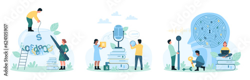 Difficulty in learning set vector illustration. Cartoon tiny people work with chaos of letters, help with problem of dyslexia and dysgraphia, understanding and mind processing, speaking pronunciation