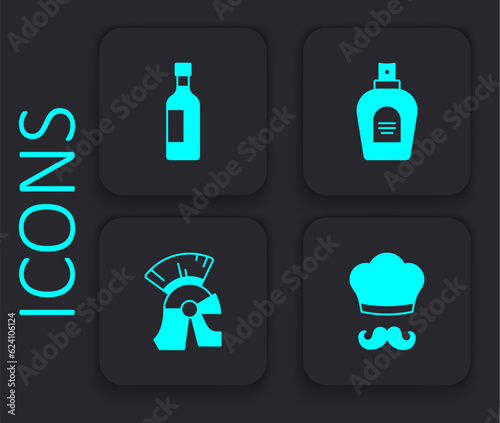 Set Italian cook, Bottle of wine, Perfume and Roman army helmet icon. Black square button. Vector