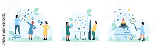 Difficulty in learning, dyslexia and dysgraphia disorder set vector illustration. Cartoon tiny people study chaos of letters in cloud, support in problem of understanding, reading and writing