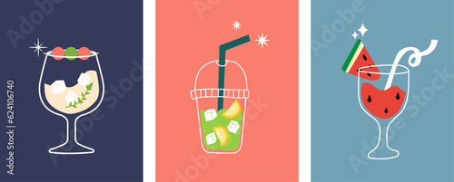 Set of cocktails in different types of glasses. Vector illustration of summer cocktail. hand draw