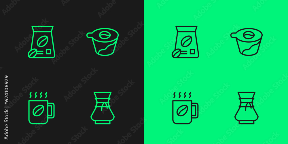 Set line Pour over coffee maker, Coffee cup, Bag beans and icon. Vector Set line Pour over coffee maker, Coffee cup, Bag beans and icon. Vector