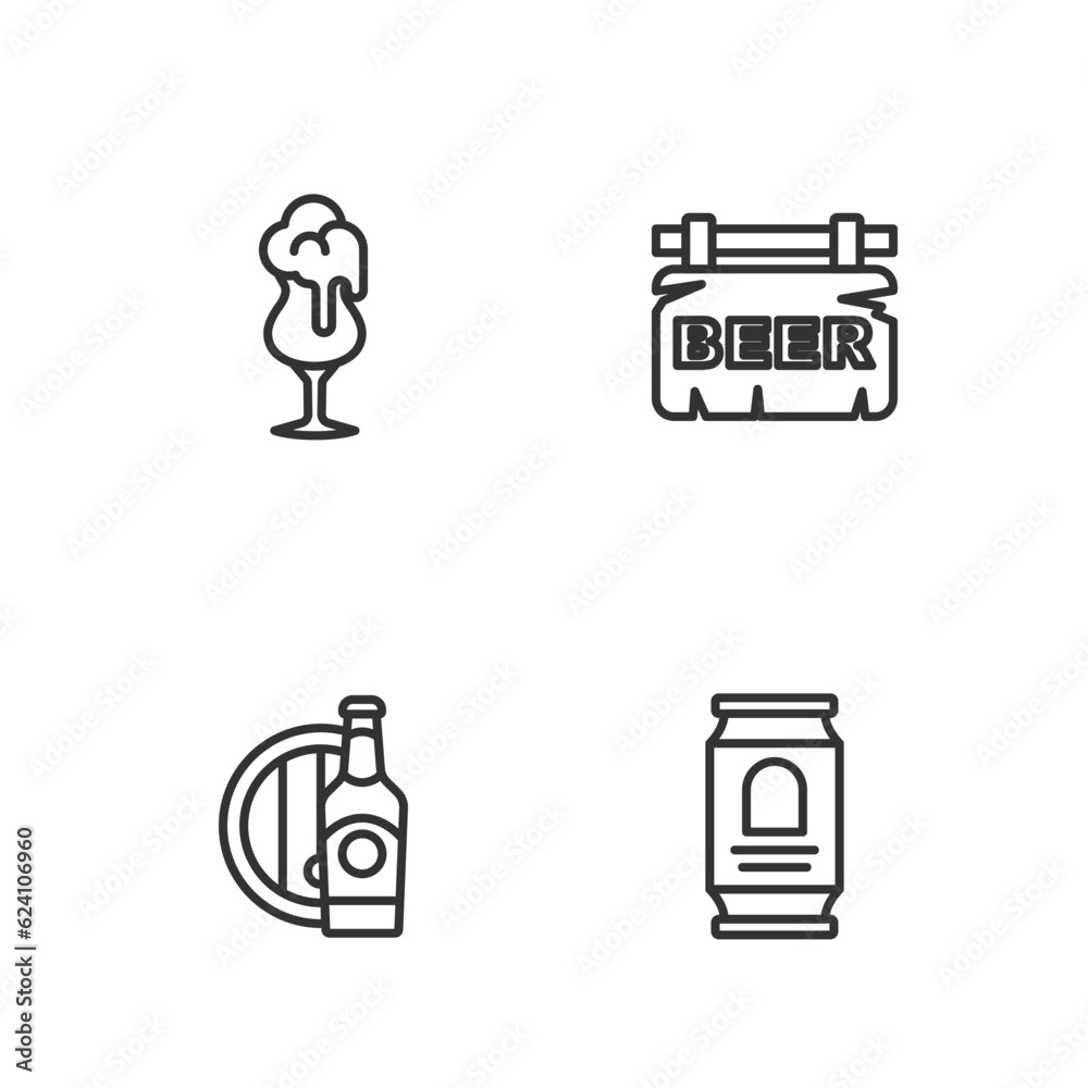Set line Beer can, bottle and wooden barrel, Glass of beer and Street signboard with icon. Vector Set line Beer can, bottle and wooden barrel, Glass of beer and Street signboard with icon. Vector