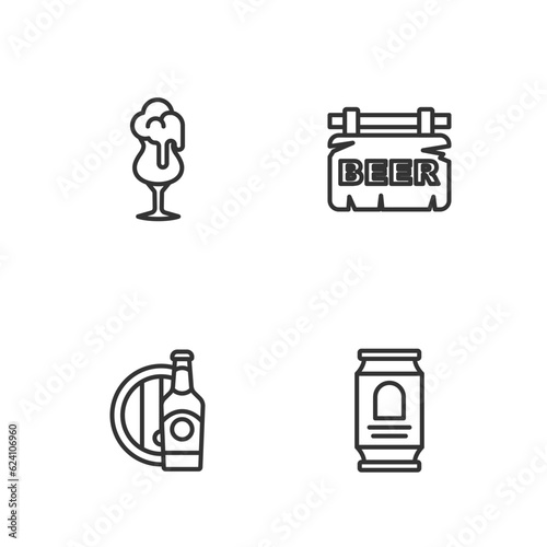 Set line Beer can, bottle and wooden barrel, Glass of beer and Street signboard with icon. Vector