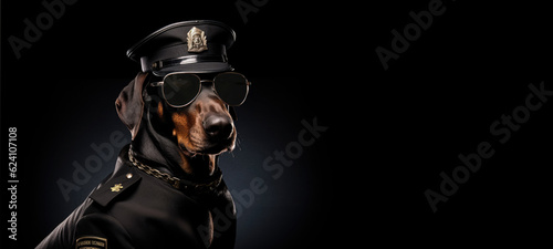 Leinwand Poster Mean looking Doberman Pinscher working as a security officer or cop, wearing police hat, sunglasses and uniform shirt