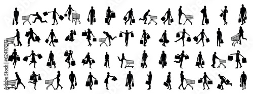 Set of 52 shopping people silhouette vector illustrations.