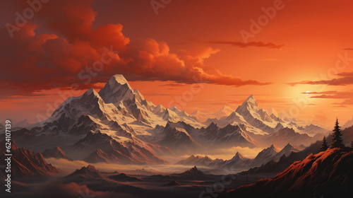 mountains at dusk with an orange sky