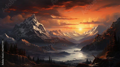 mountains at dusk with an orange sky