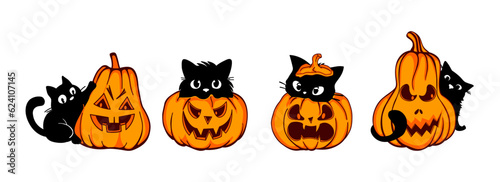 Set of pumpkin cat. Collection kiiten with pumkin. Happy halloween. Scary print for design. Vector illustration.