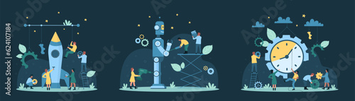 Cartoon tiny people building rocket and robot together to launch new digital product or futuristic project, move hand on clock inside gear for work progress. Tech startup set dark vector illustration