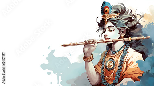 Photo Krishna playing the flute, banner, Generative AI
