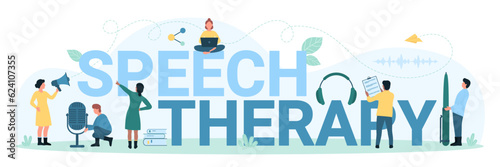 Speech therapy, typography infographic banner template vector illustration. Cartoon tiny people teaching basic articulation with language exercises, sound pronunciation correction by therapists