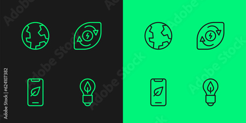 Set line Light bulb with leaf, Mobile phone, Earth globe and Water energy icon. Vector