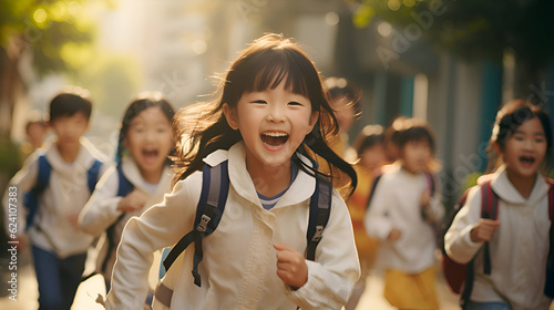 Japanese schoolchildren with backpacks run and laugh, Generative AI 2 photo