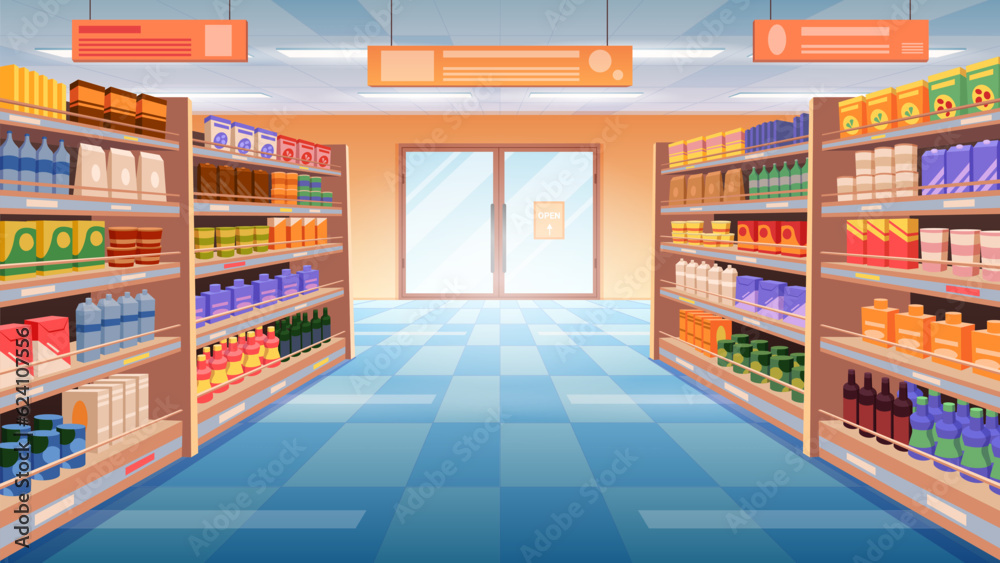 Perspective view of supermarket, grocery store aisle vector illustration. Cartoon mart interior