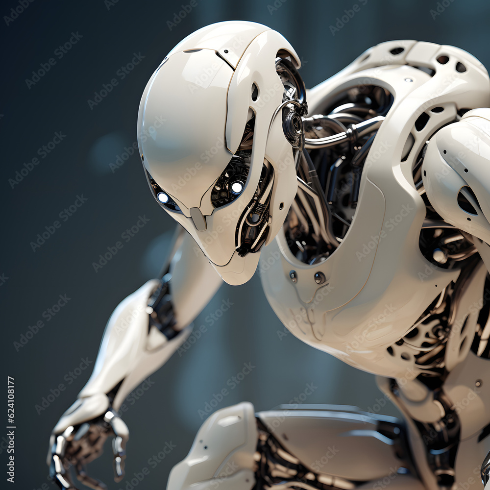 White robot head technological render White robot head technological render
