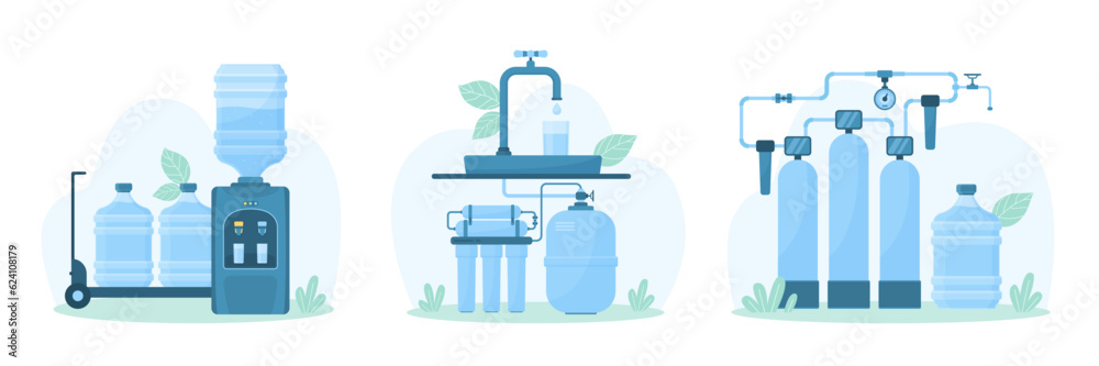 Water purification and delivery set vector illustration. Cartoon filtration facility and pressure pipeline, filters under faucet in home kitchen or bathroom, portable plastic bottles for office cooler Water purification and delivery set vector illustration. Cartoon filtration facility and pressure pipeline, filters under faucet in home kitchen or bathroom, portable plastic bottles for office cooler
