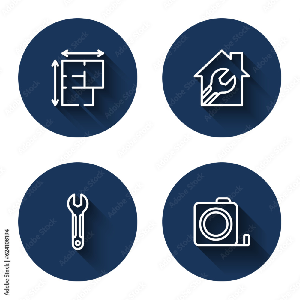 Set line House plan, with wrench spanner, Wrench and Roulette construction with long shadow. Blue circle button. Vector Set line House plan, with wrench spanner, Wrench and Roulette construction with long shadow. Blue circle button. Vector