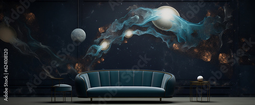 Panorama of sofa in lobby hall an abstract wallpaper banner with a luxurious and elegant feel, inspired by the textures of the cosmos, the universe, and beyond.
