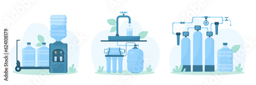 Water purification and delivery set vector illustration. Cartoon filtration facility and pressure pipeline, filters under faucet in home kitchen or bathroom, portable plastic bottles for office cooler