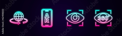 Set line 3d modeling, Augmented reality AR, Big brother electronic eye and 360 degree view. Glowing neon icon. Vector