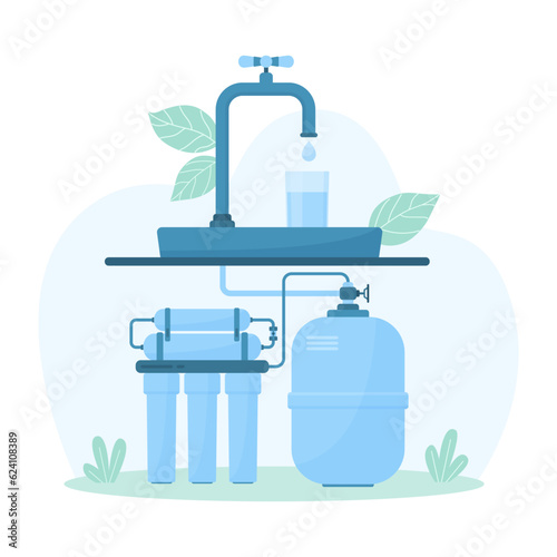 Home water purification vector illustration. Cartoon infographic scheme of filtration system for home use, filter containers and plastic tank for water storage under tap in kitchen or bathroom