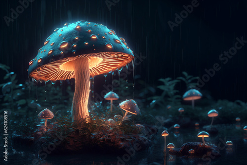 Vibrant illustration of irisdiscent mushrooms, in the forest at night, created by AI generator