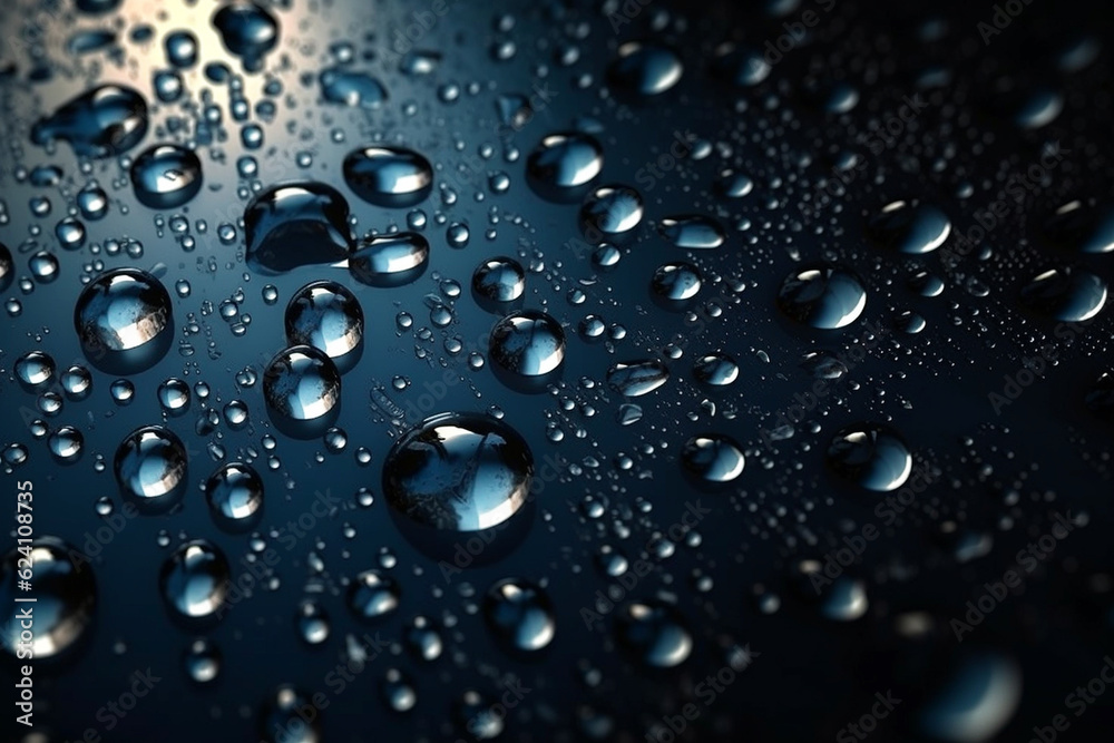 Closeup of realistic water drops on dark background, AI generated