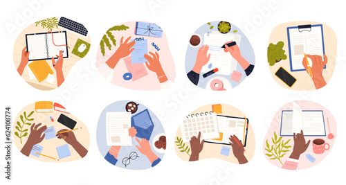Hands of people writing and reading set vector illustration. Cartoon isolated top view of hands holding pen, pencil or marker, paper sheet and calendar, turning over page of book, notebook or diary
