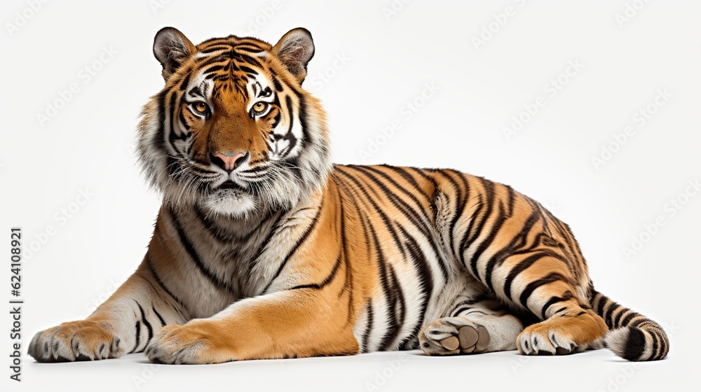 Obraz premium Tiger sitting looking, isolated on white background AI generated image