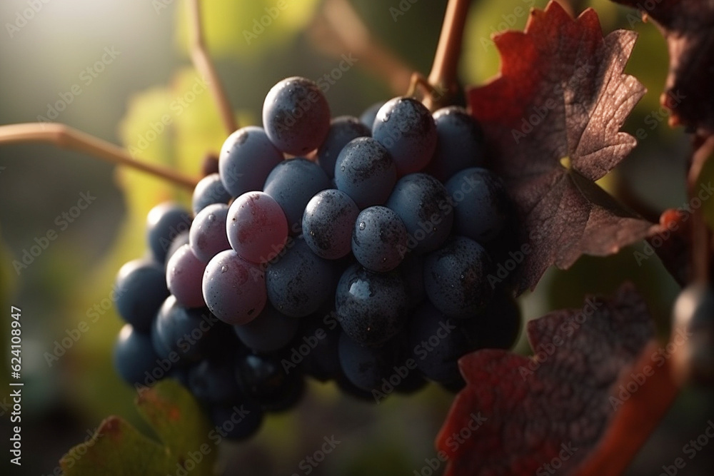 Closeup of bunch of purple grapes in a vineyard. ai generated