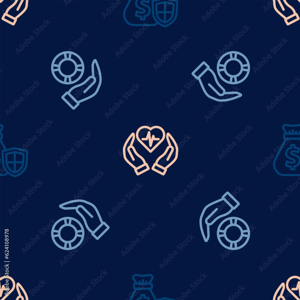 Set line Money bag with shield, Lifebuoy in hand and insurance on seamless pattern. Vector Set line Money bag with shield, Lifebuoy in hand and insurance on seamless pattern. Vector