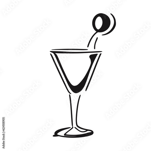 Martini glass icon. Cocktail glass, doodle style. Line art. Minimalism. Black and white illustration.