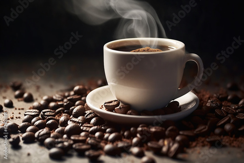 Realistic illustration of a steaming cup of coffee with coffee beans in the background. ai generated