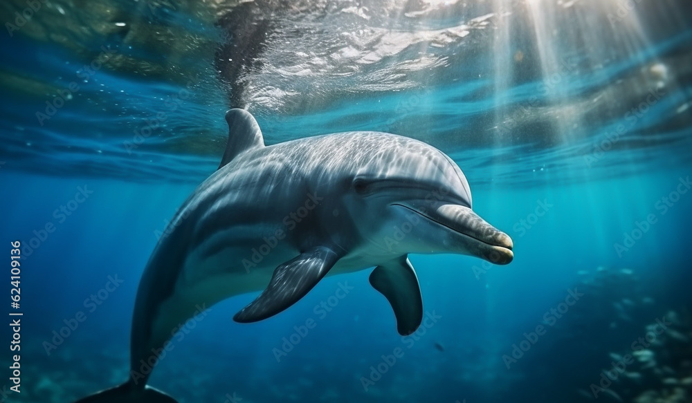 Obraz premium Dolphin swimming in a coral reef. ai generated