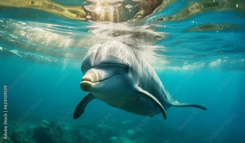 Naklejka premium Dolphin swimming in a coral reef. ai generated