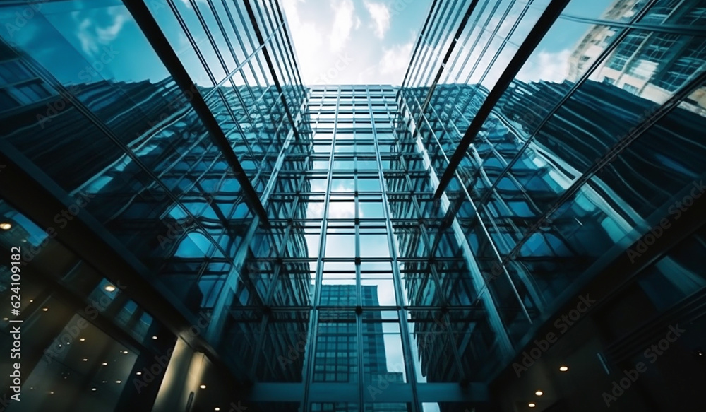 Modern glass buildings, seen from a bottom perspective, and the reflections on the walls Modern glass buildings, seen from a bottom perspective, and the reflections on the walls