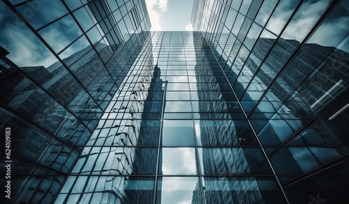 Modern glass buildings, seen from a bottom perspective, and the reflections on the walls