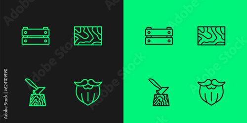 Set line Mustache and beard, Wooden axe in stump, box and beam icon. Vector