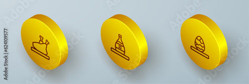 Set Isometric line Roasted turkey or chicken, Bottle of sake and Chinese tea egg icon. Vector