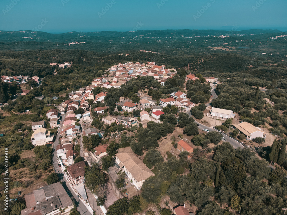 Drone aerial view of village in Corfu, Greece