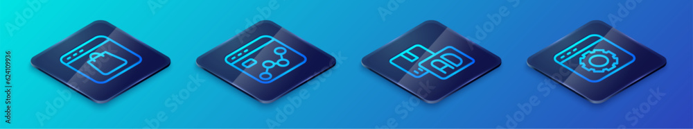 Set Isometric line Advertising, Online shopping on screen, Browser setting and Market analysis icon. Vector Set Isometric line Advertising, Online shopping on screen, Browser setting and Market analysis icon. Vector