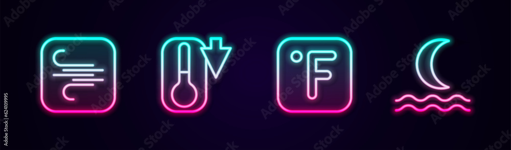 Set line Wind, Thermometer, Fahrenheit and Night fog or smoke. Glowing neon icon. Vector Set line Wind, Thermometer, Fahrenheit and Night fog or smoke. Glowing neon icon. Vector
