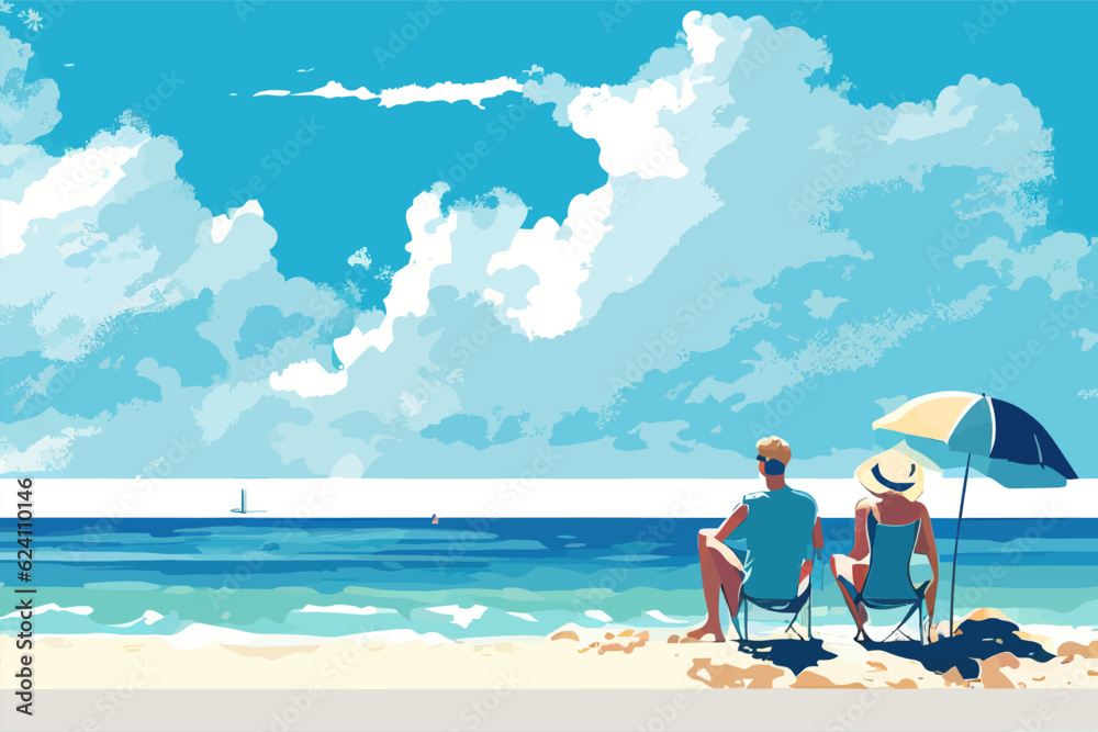 Summer background with sea beach and couple in love. Vector illustration desing.