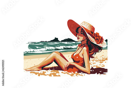 Tourist girl in a hat and beach. Vector illustration desing.