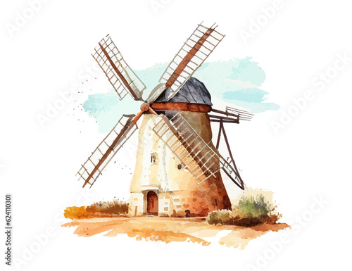 Windmill vintage watercolor hand drawn. Vector illustration desing.