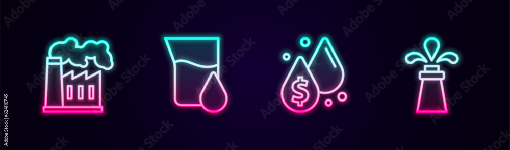 Set line Oil and gas industrial factory, petrol test tube, drop with dollar symbol and rig. Glowing neon icon. Vector Set line Oil and gas industrial factory, petrol test tube, drop with dollar symbol and rig. Glowing neon icon. Vector