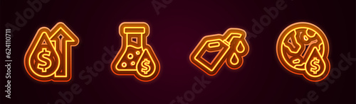 Set line Oil price increase, petrol test tube, Canister for motor machine oil and drop with dollar symbol. Glowing neon icon. Vector
