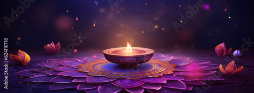 Mesmerizing Diwali Rangoli with Lamp on Purple Background: Radiating Festive Playfulness - AI-Generated