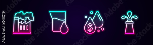 Set line Oil and gas industrial factory, petrol test tube, drop with dollar symbol and rig. Glowing neon icon. Vector