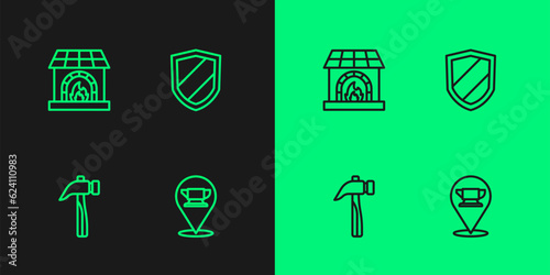 Set line Blacksmith anvil tool, Hammer, oven and Shield icon. Vector